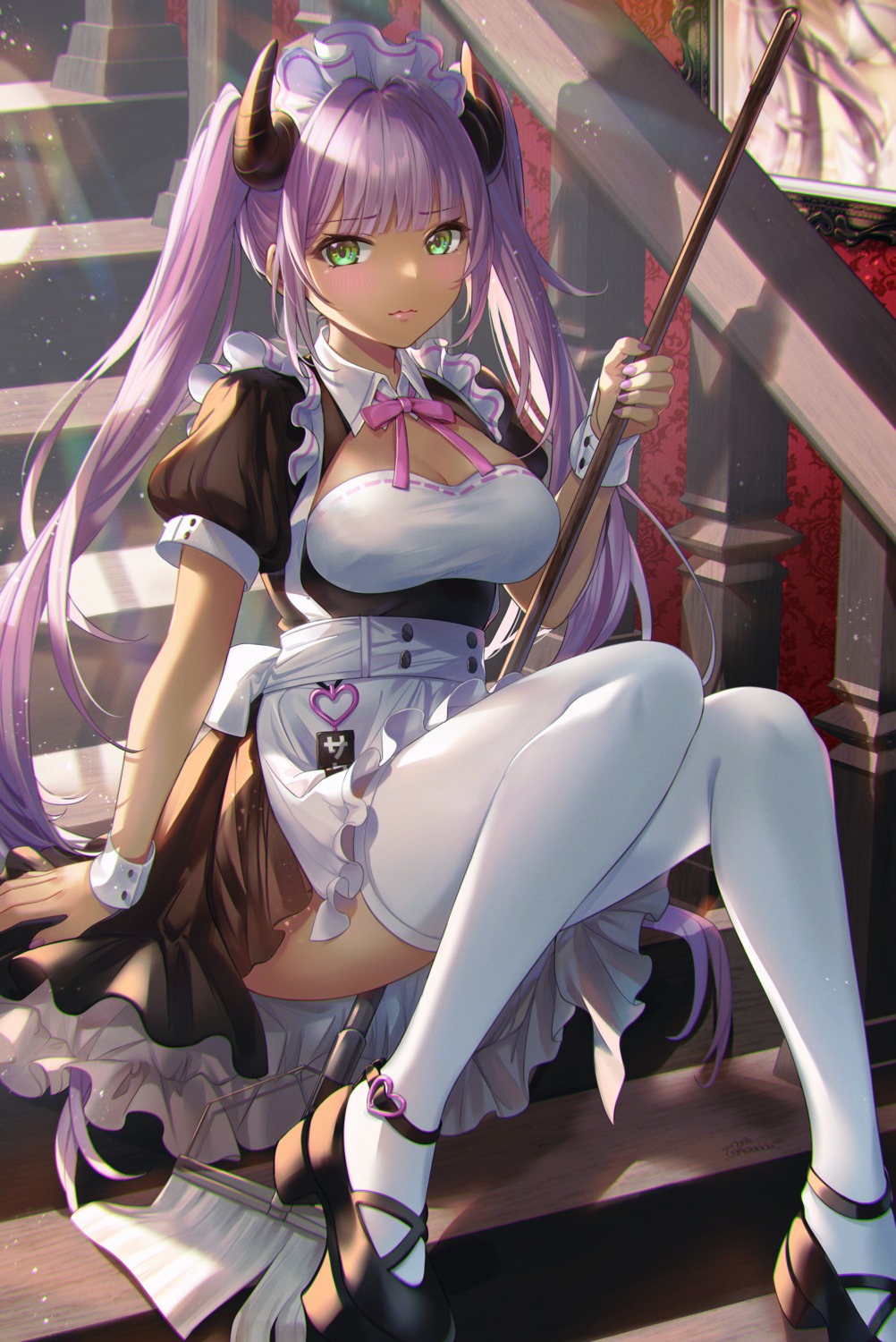 artist_revision, cleavage, cokecoco, horns, maid, skirt_lift, thighhighs