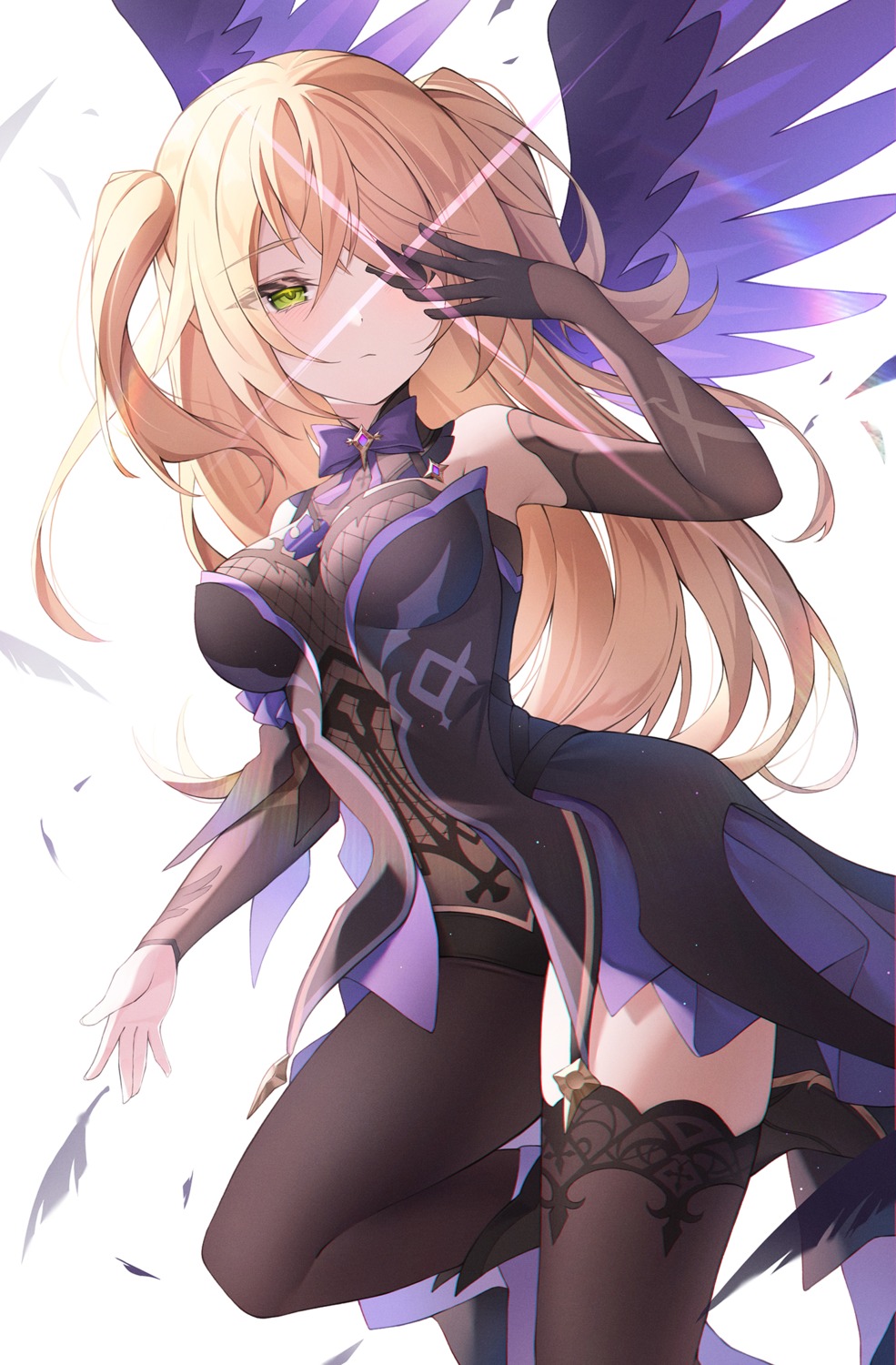 eyepatch, fischl, fishnets, genshin_impact, infinity_(kkx132), stockings, thighhighs, wings