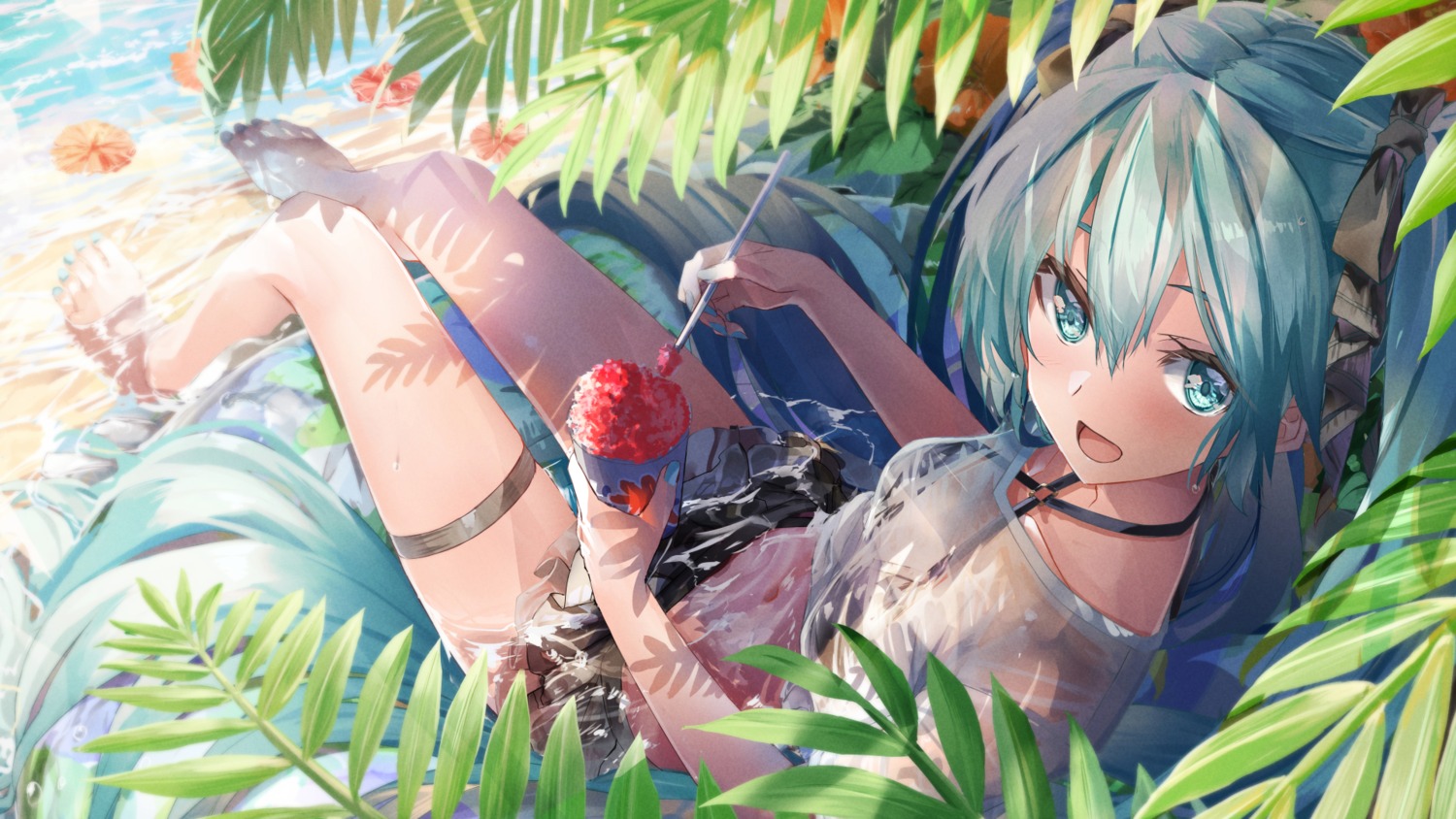 bikini, daidou_(demitasse), garter, hatsune_miku, see_through, swimsuits, vocaloid, wallpaper