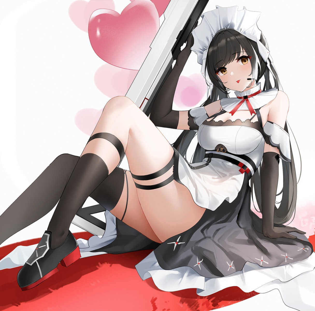 annabella_(tower_of_fantasy), garter, headphones, maid, qing_wu, thighhighs, tower_of_fantasy, weapon
