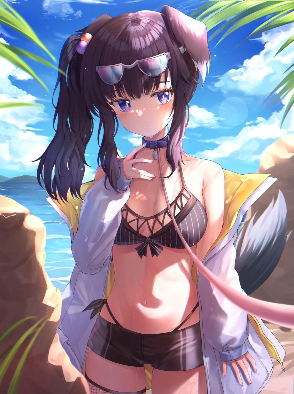 animal_ears, bikini, blue_archive, fishnets, garter, gr_greeze, inumimi, megane
