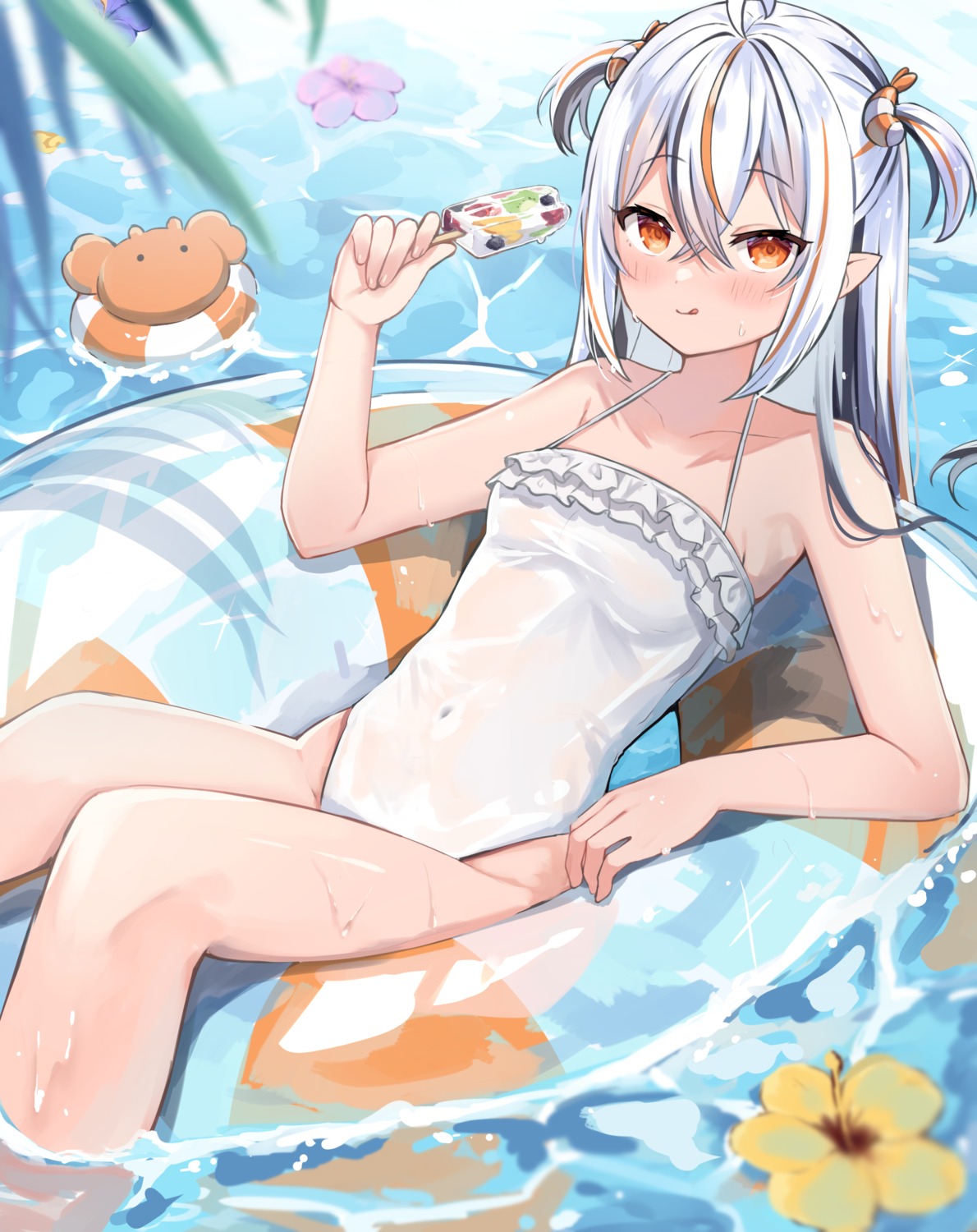 okiq, pointy_ears, see_through, swimsuits, wet, wet_clothes