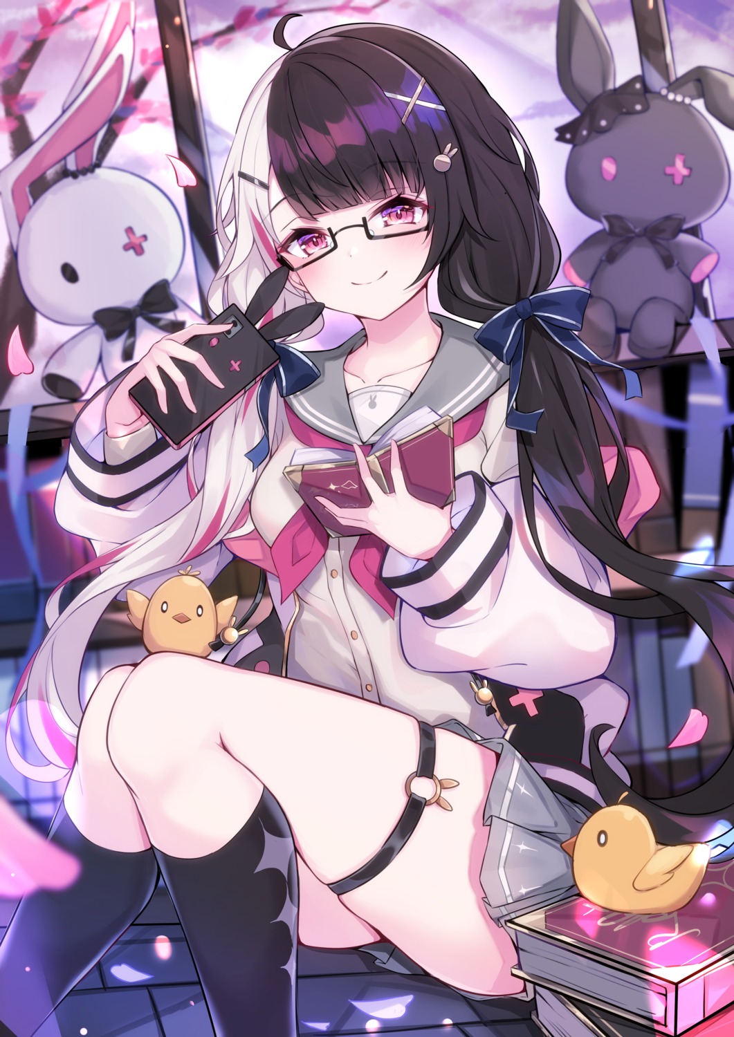 garter, haidollo, megane, nijisanji, seifuku, sweater, yorumi_rena