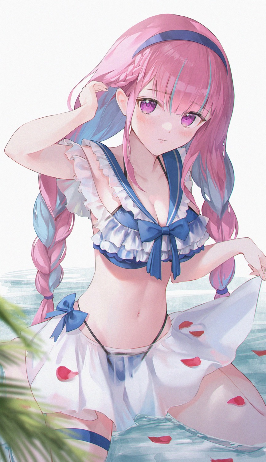 bikini, cleavage, garter, hololive, minato_aqua, nakashima_(pluscolor), see_through, skirt_lift