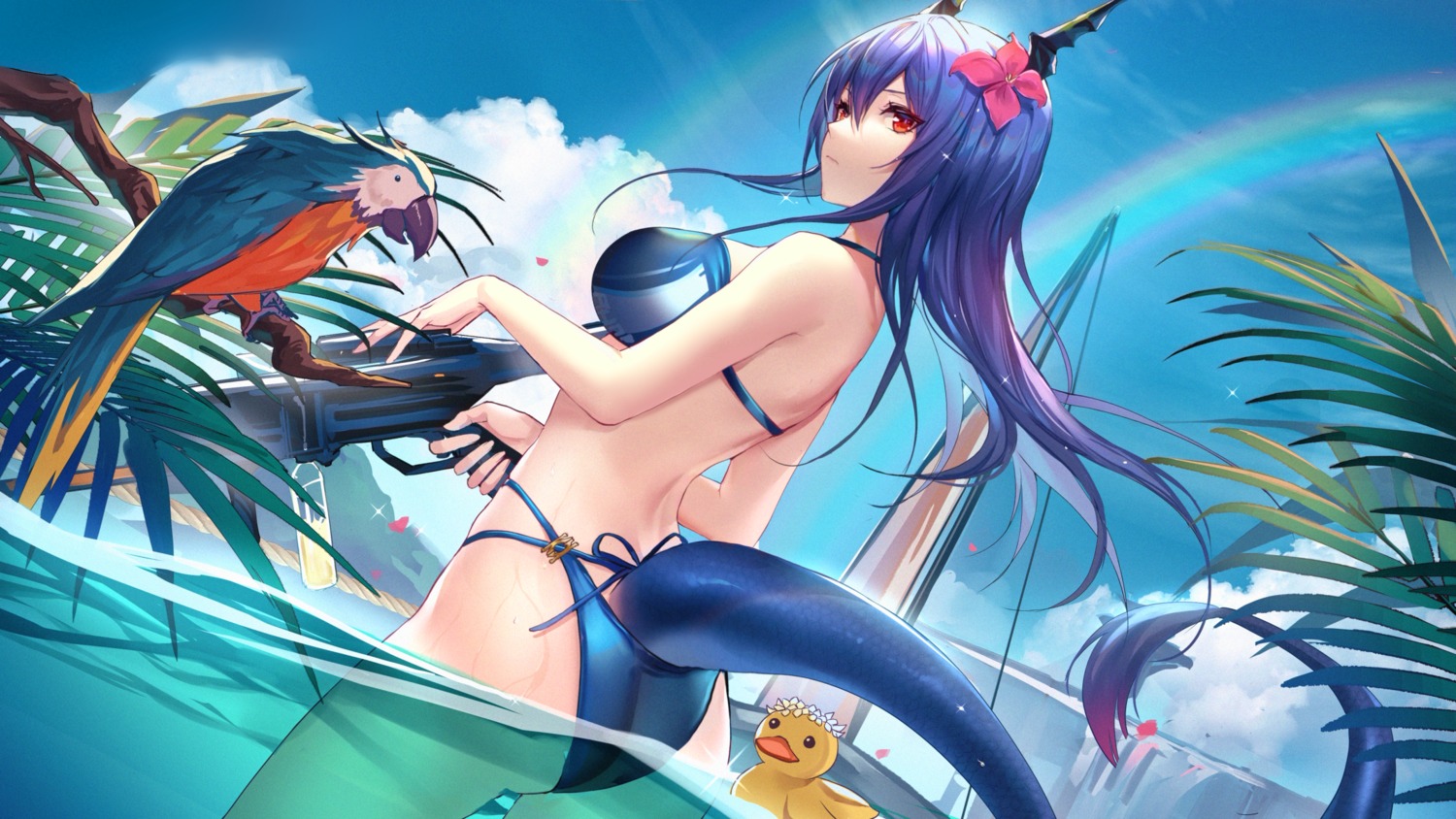 arknights, artist_revision, ass, bikini, ch'en_(arknights), gun, horns, kernel_killer