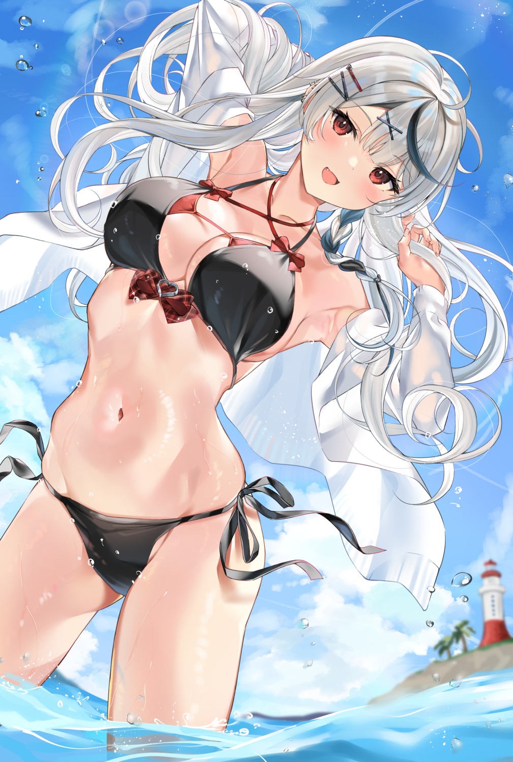 bikini, bochibochi_(gyuuniku_6000), hololive, open_shirt, sakamata_chloe, see_through, swimsuits, wet