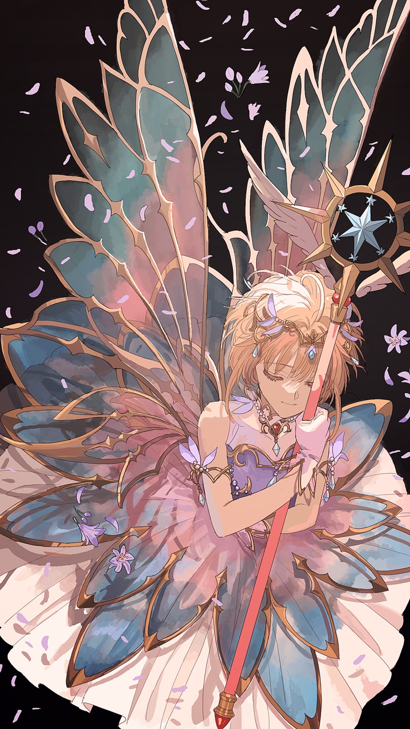 breast_hold, card_captor_sakura, dress, kinomoto_sakura, okazaki_oka, weapon, wings