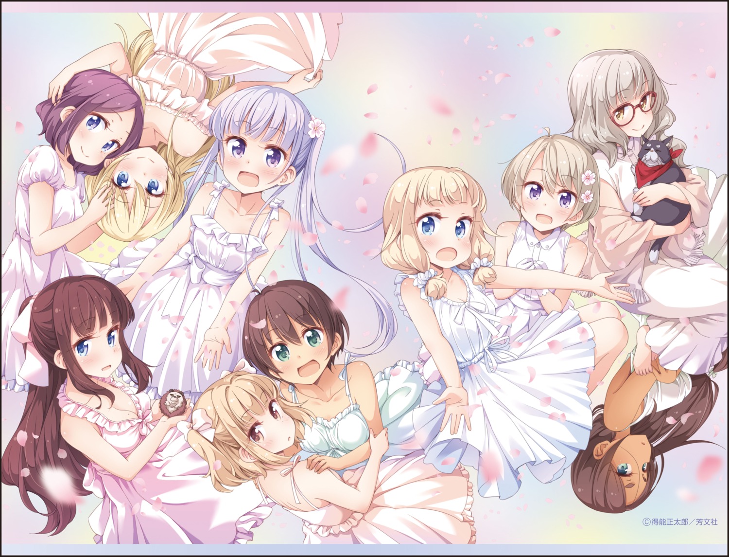 ahagon_umiko, cleavage, dress, hazuki_shizuku, hoshikawa_hotaru, iijima_yun, megane, neko, new_game!, sakura_nene, shinoda_hajime, summer_dress, suzukaze_aoba, takimoto_hifumi, tokunou_shoutarou, tooyama_rin, yagami_kou