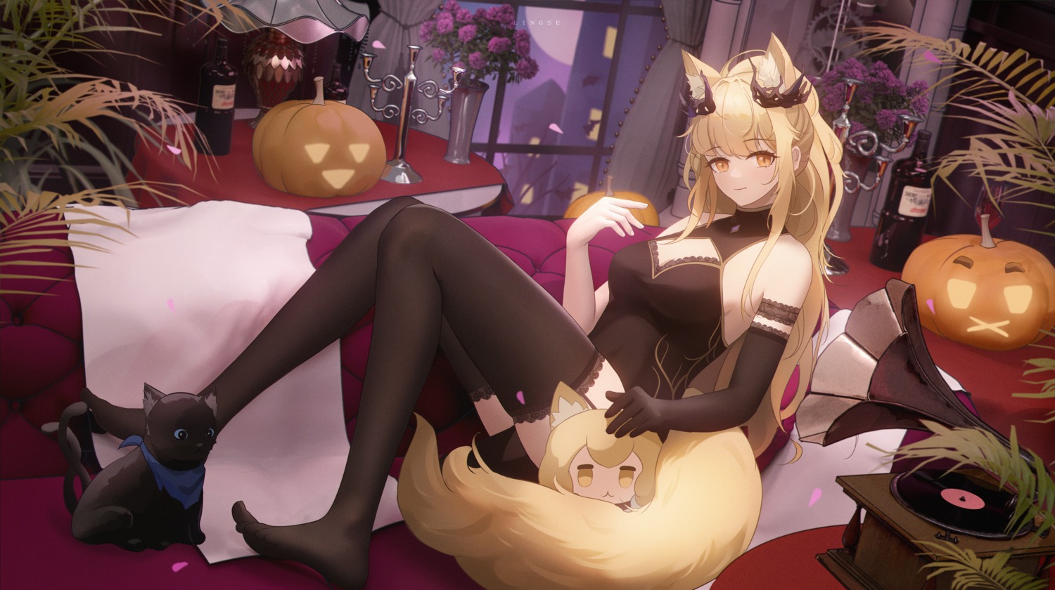 animal_ears, arknights, blemishine_(arknights), chibi, dress, halloween, lingse, neko, tail, thighhighs