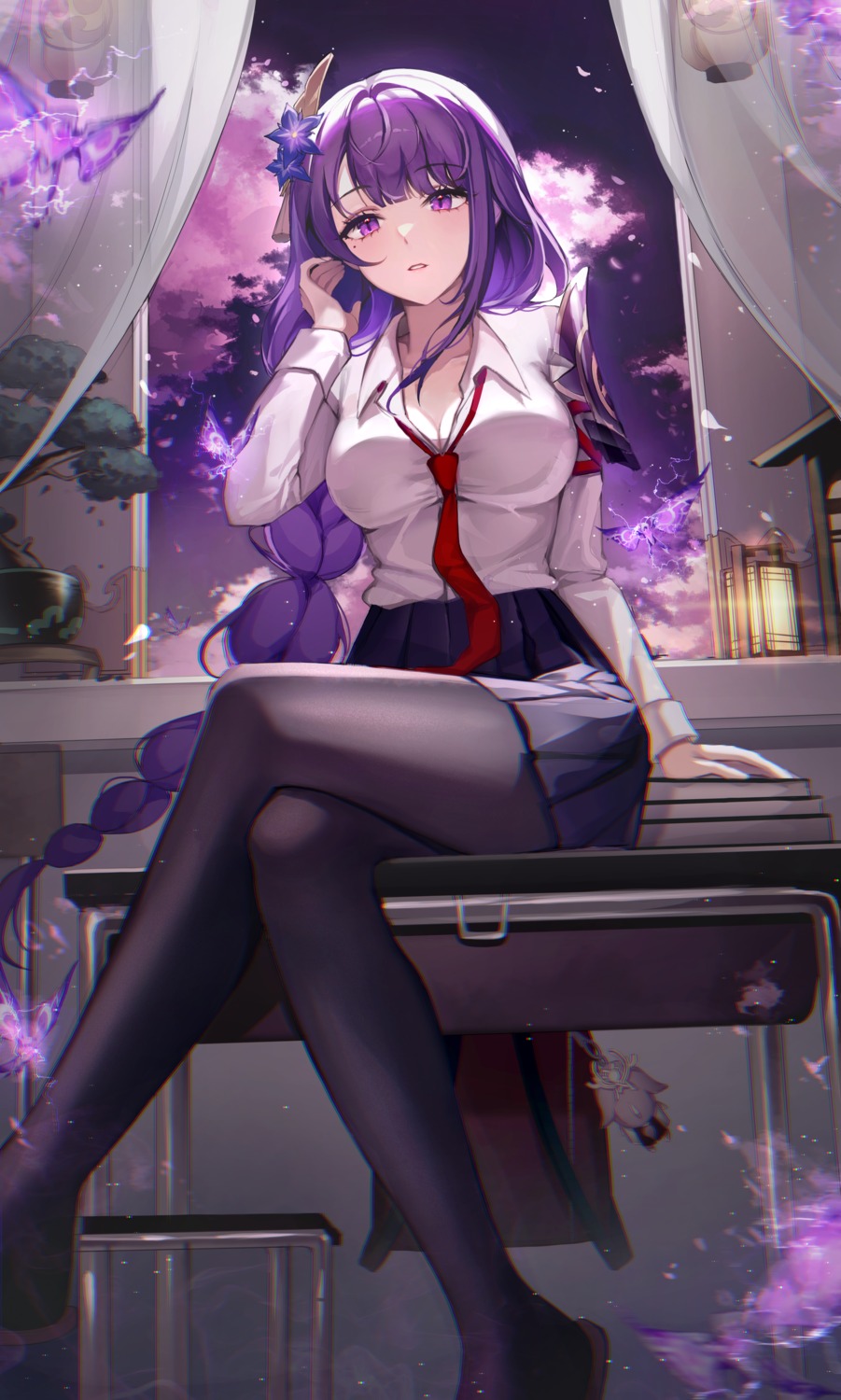 cleavage, eunyoo, genshin_impact, pantyhose, raiden_shogun, seifuku