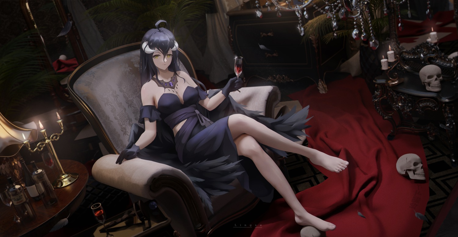 albedo_(overlord), dress, feet, horns, lingse, no_bra, overlord