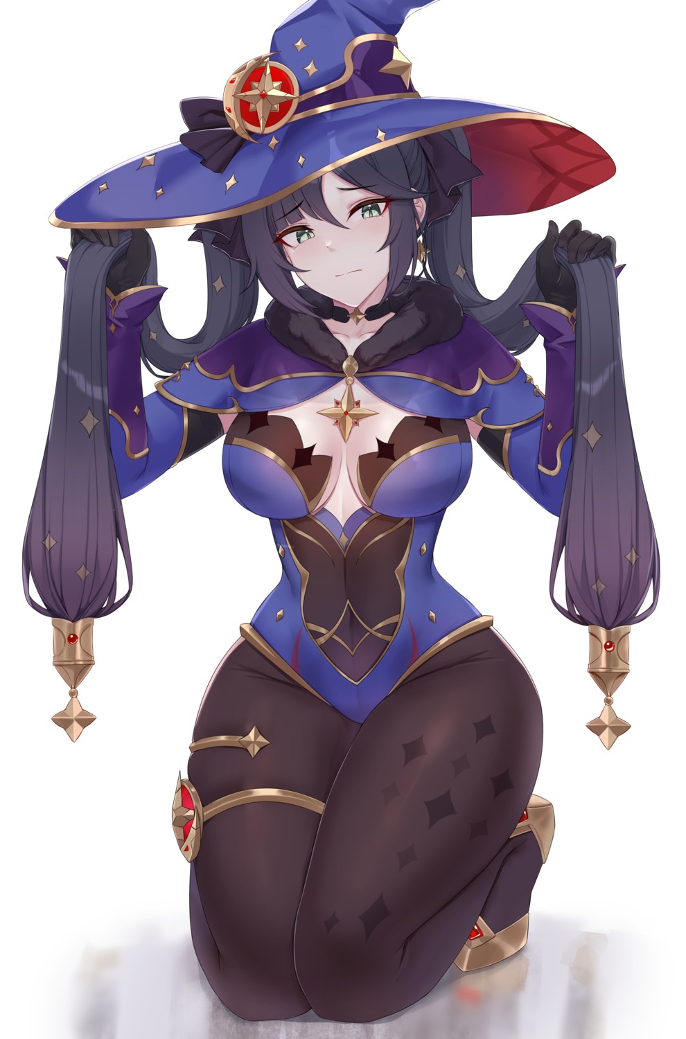 garter, genshin_impact, kanta_(kanta_077), leotard, mona_megistus, no_bra, pantyhose, witch