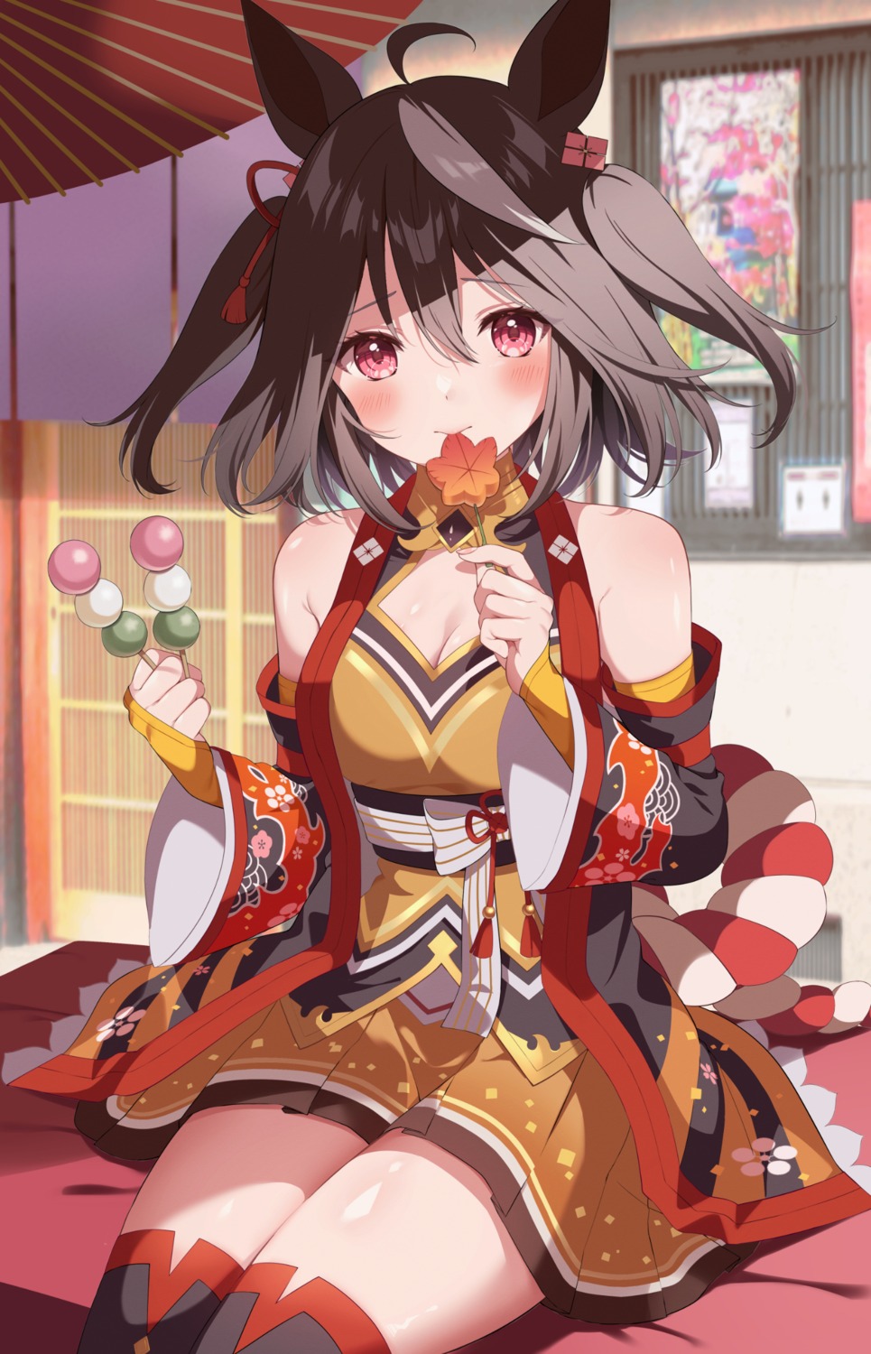 animal_ears, cleavage, japanese_clothes, kitasan_black_(umamusume), noberu, thighhighs, uma_musume_pretty_derby
