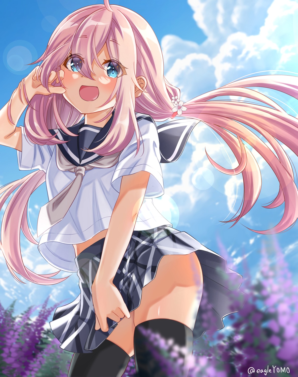 kagamihara_nadeshiko, seifuku, skirt_lift, thighhighs, yomo, yurucamp