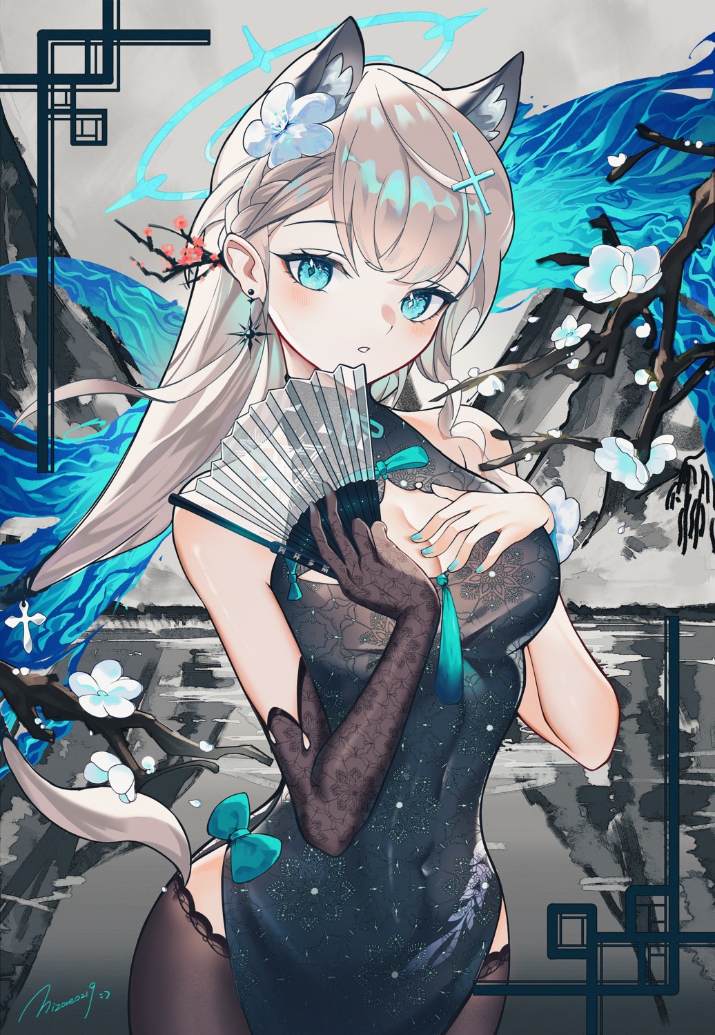 animal_ears, blue_archive, chinadress, cleavage, halo, nekomimi, no_bra, p1up1u, see_through, sunaookami_shiroko, thighhighs