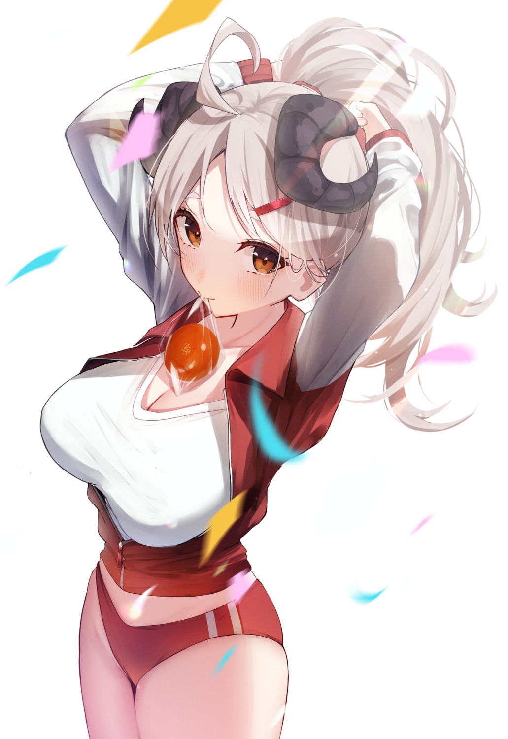 blue_archive, buruma, cleavage, gym_uniform, horns, nidaime, shishidou_izumi