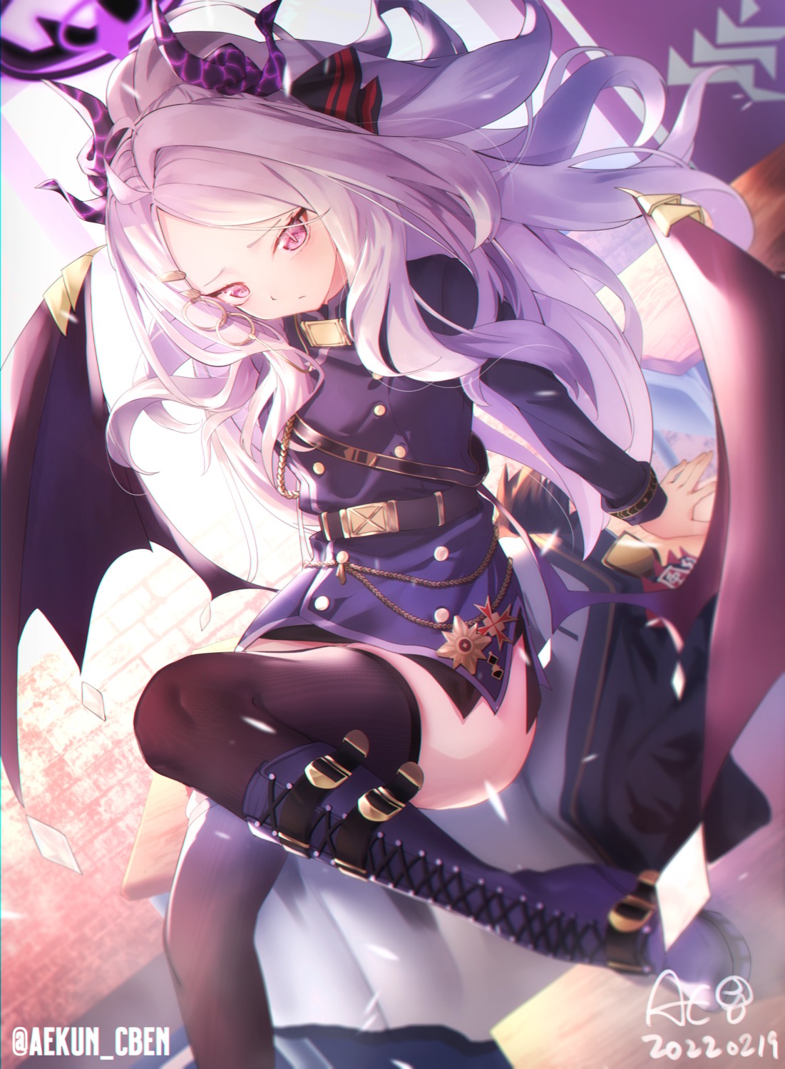 aekun_cben, blue_archive, devil, halo, horns, sorasaki_hina, thighhighs, uniform