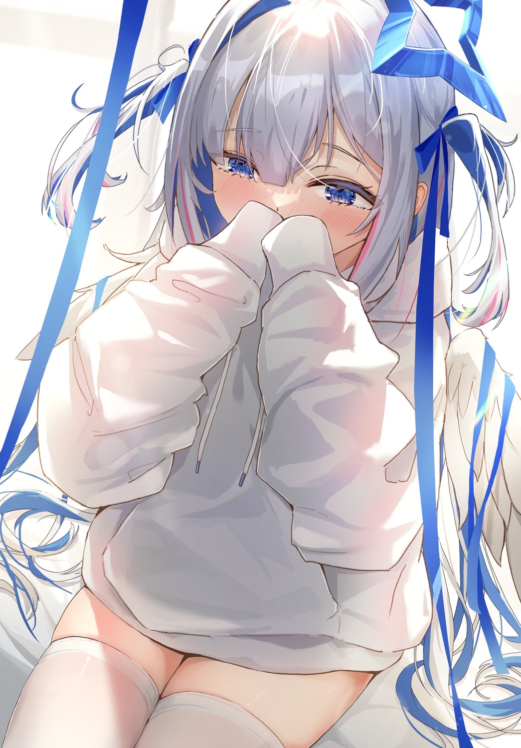amane_kanata, angel, hololive, juu_p, sweater, thighhighs, wings