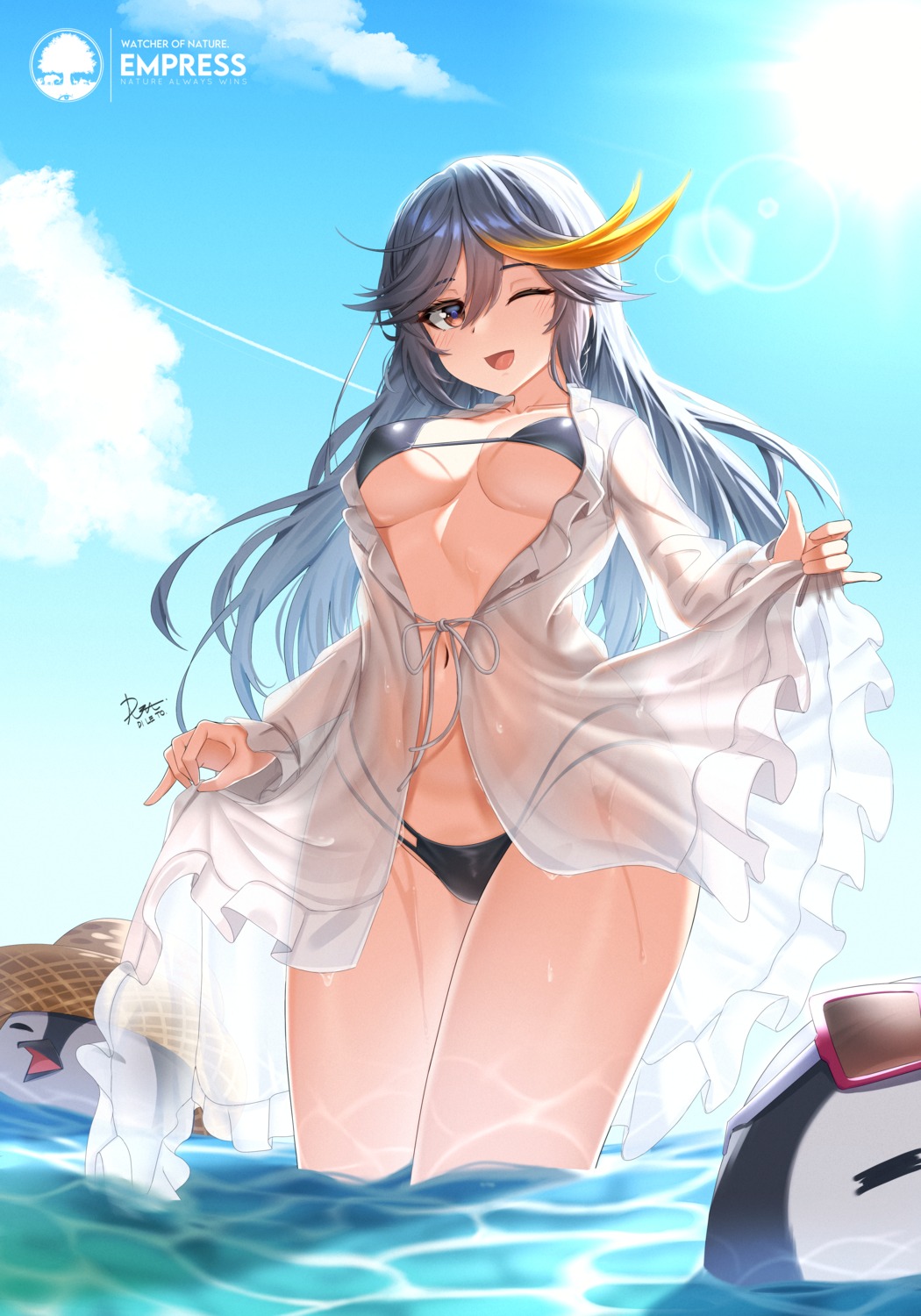 bikini, delete_(xxag4475), dress, empress_(last_origin), last_origin, open_shirt, see_through, skirt_lift, swimsuits, wet