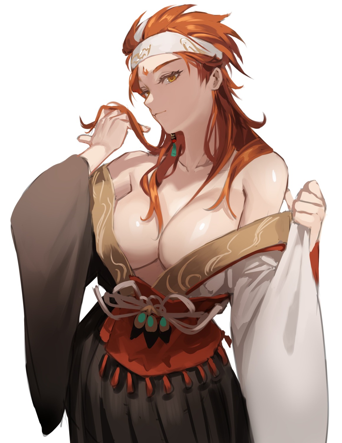 hanny_(uirusu_chan), japanese_clothes, no_bra, onmyouji, open_shirt, shokurei, sketch, undressing