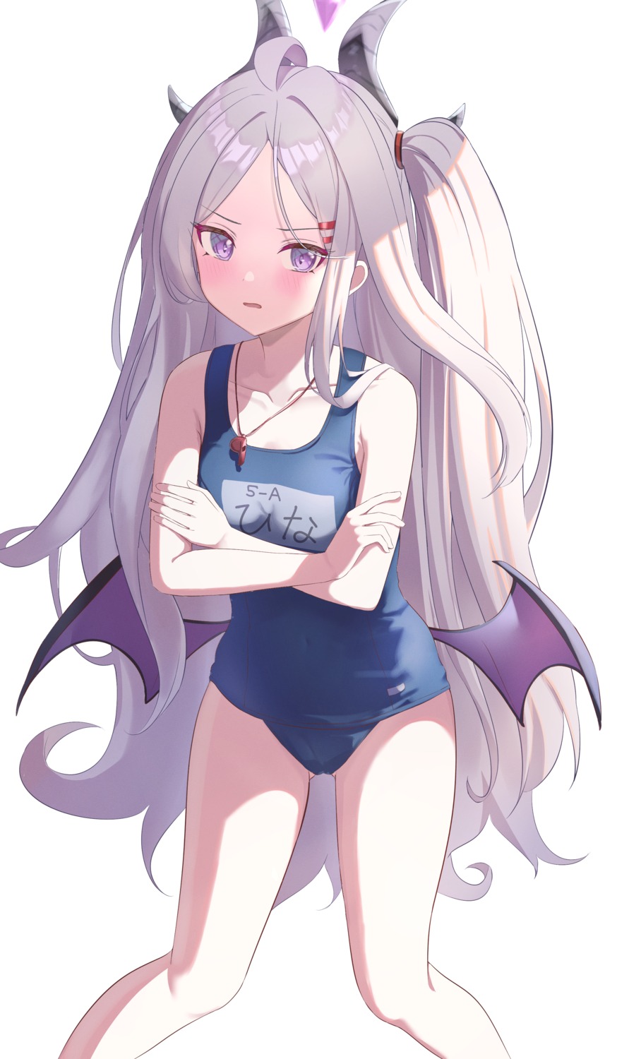 blue_archive, devil, horns, mm_(pomeme4), school_swimsuit, sorasaki_hina, swimsuits, wings