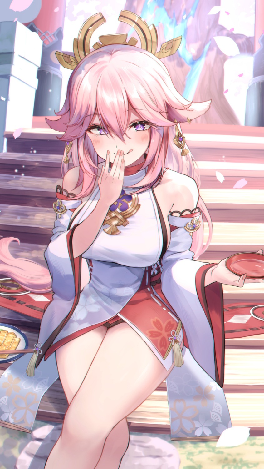 animal_ears, genshin_impact, japanese_clothes, kitsune, no_bra, shaka_(staito0515), yae_miko