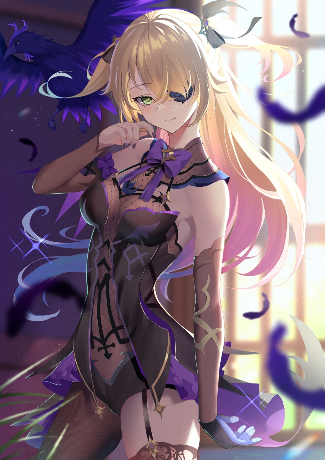 eyepatch, fischl, fishnets, genshin_impact, mishiro_(ixtlolton), no_bra, oz_(genshin_impact), stockings, thighhighs