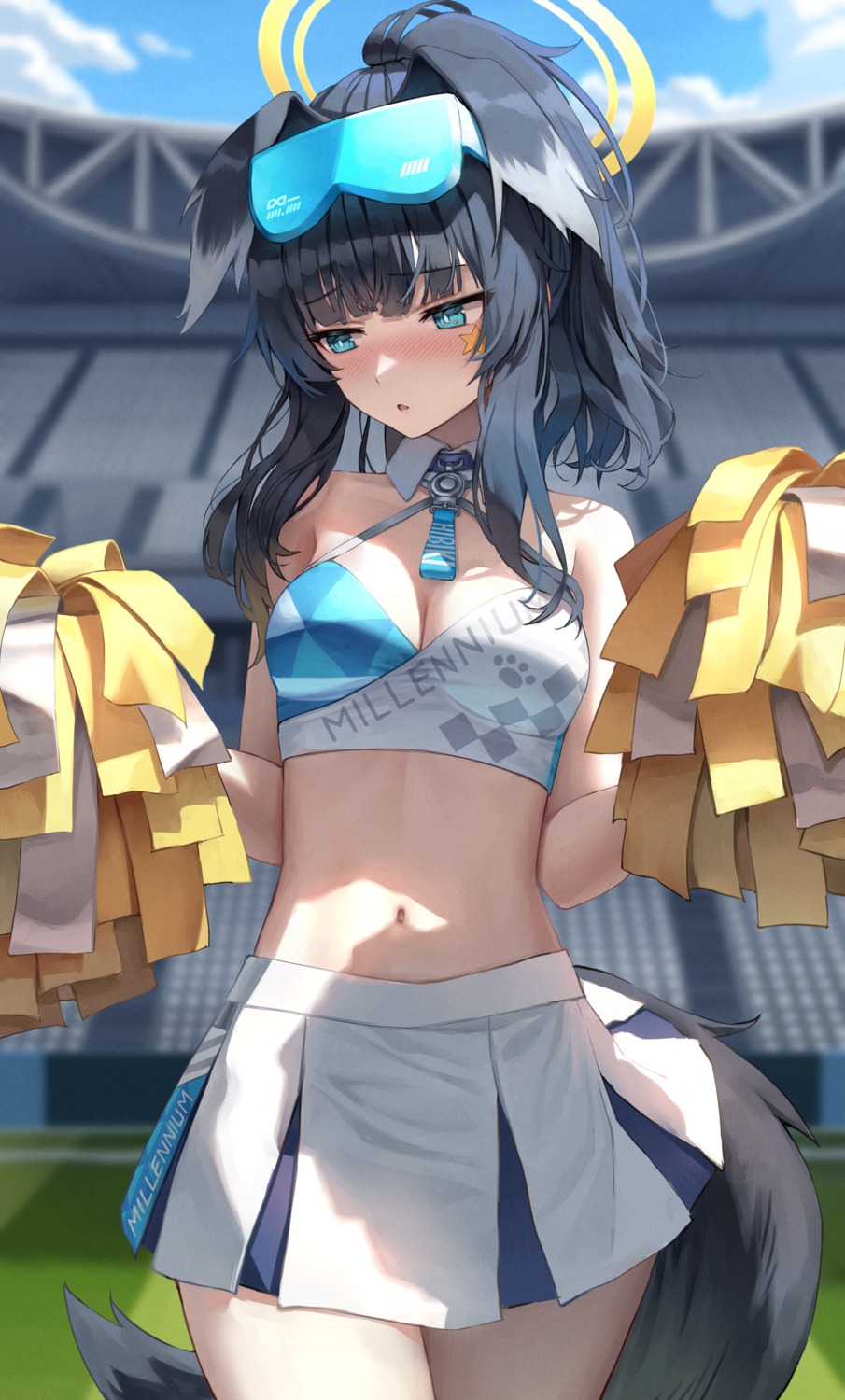 animal_ears, blue_archive, cheerleader, cleavage, halo, inumimi, nekozuka_hibiki, superpig, tail, tattoo