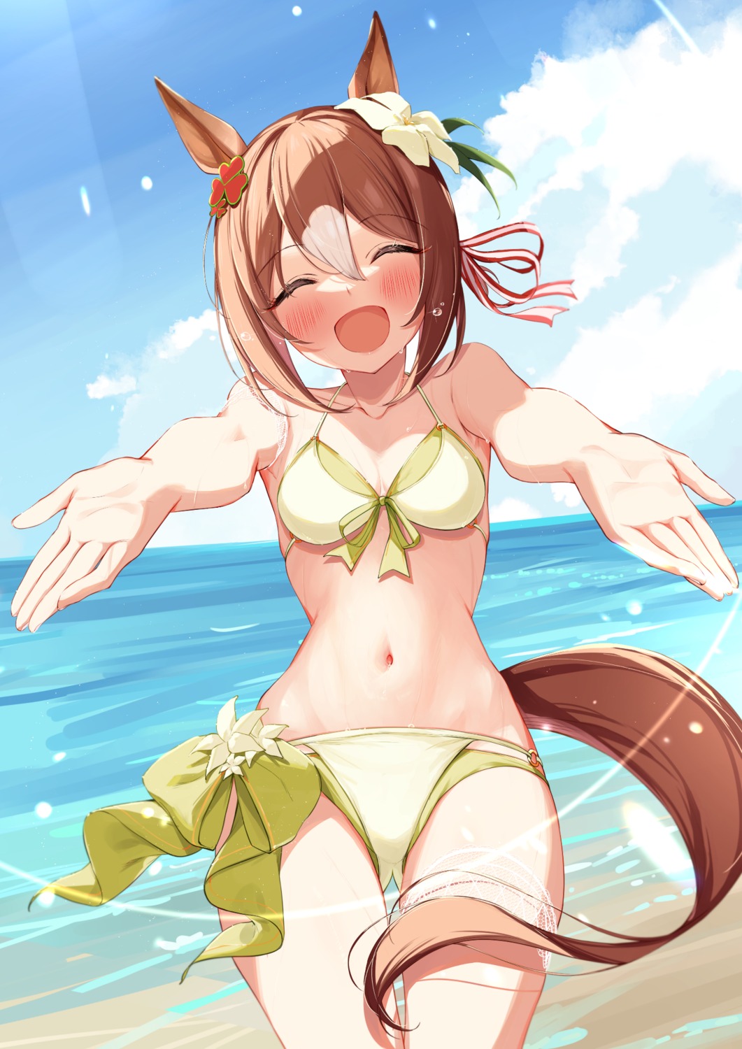 animal_ears, bikini, cleavage, copano_rickey_(umamusume), saboten_mushi, swimsuits, tail, uma_musume_pretty_derby