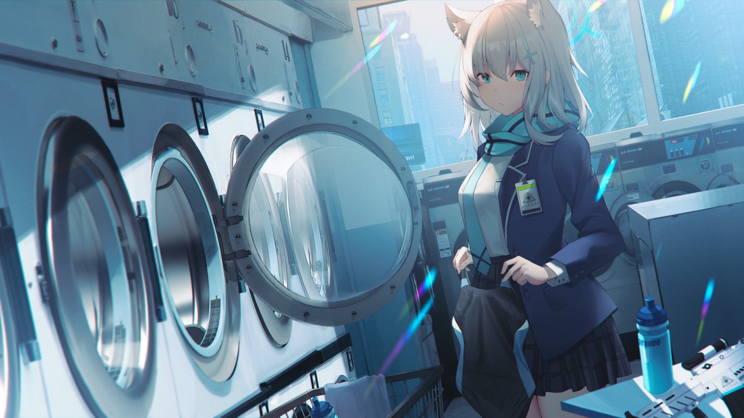 animal_ears, blue_archive, halo, nekomimi, sagiri_(ulpha220), seifuku, sunaookami_shiroko, swimsuits