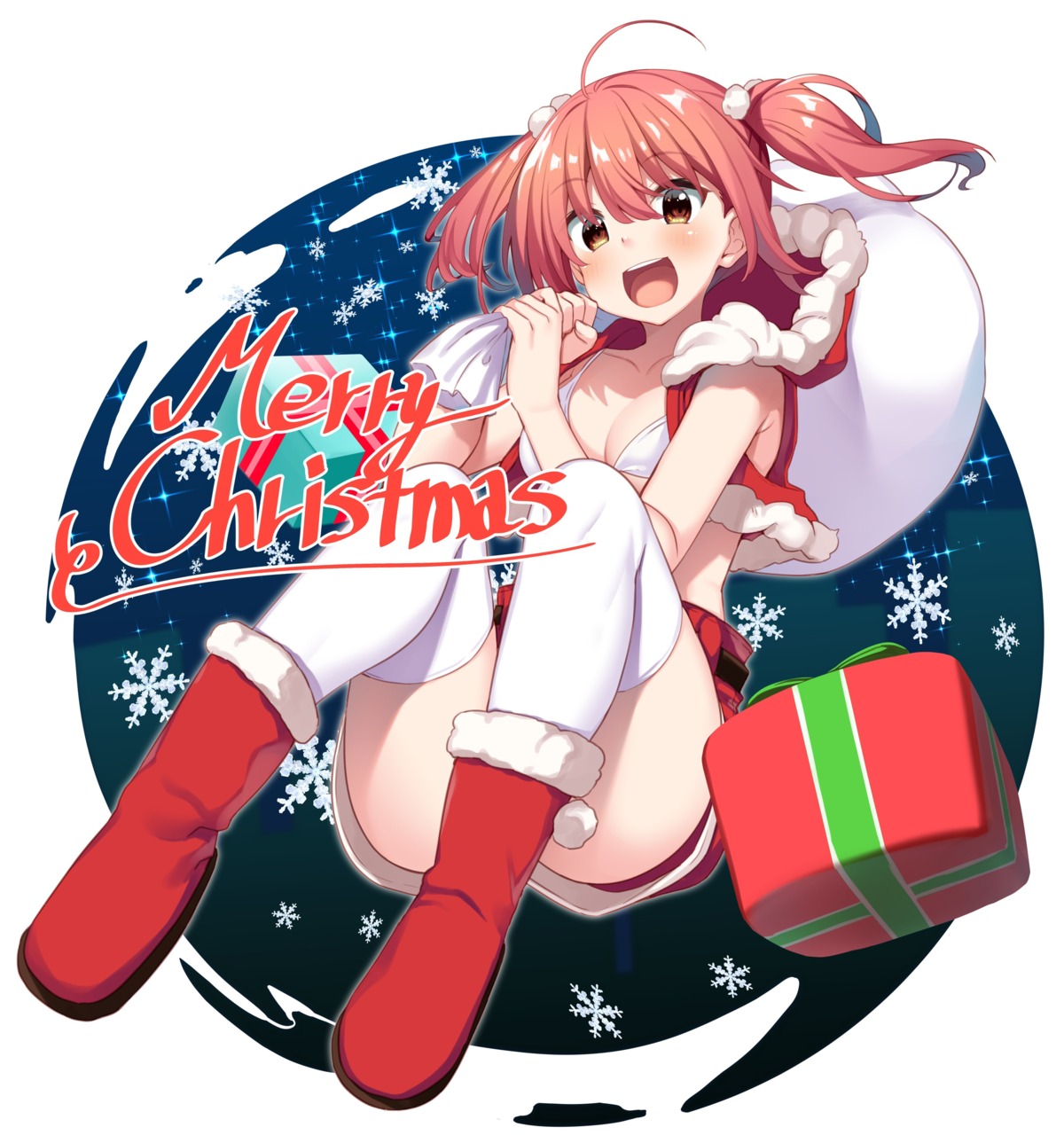 bikini_top, christmas, dodomayo, jitaku_studio, open_shirt, real_eroge_situation!_2, swimsuits, thighhighs