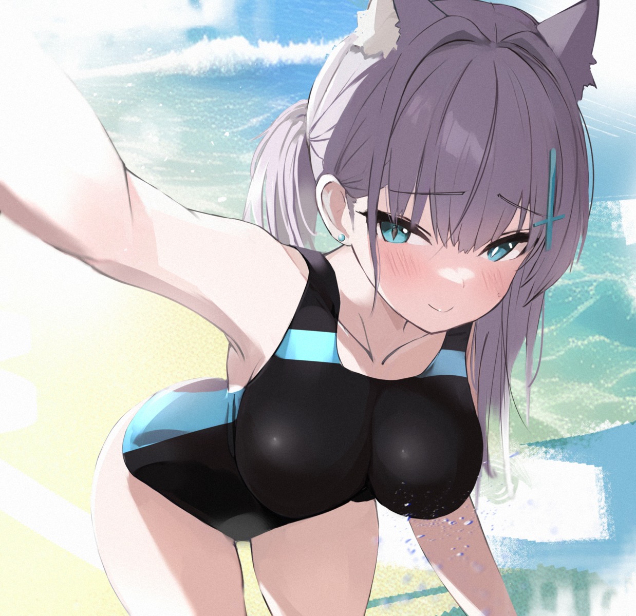animal_ears, blue_archive, darudana, nekomimi, selfie, sunaookami_shiroko, swimsuits