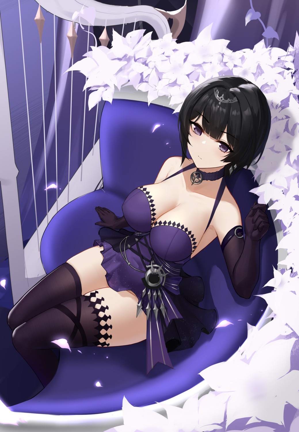 aether_gazer, anming, dress, no_bra, thighhighs, tsukuyomi_(aether_gazer)