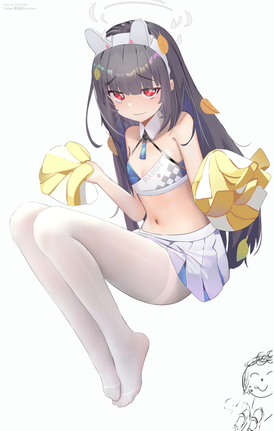 animal_ears, blue_archive, bunny_ears, cheerleader, cosplay, fuenyuan, halo, kasumizawa_miyu, loli, nekozuka_hibiki, no_bra, pantyhose, skirt_lift