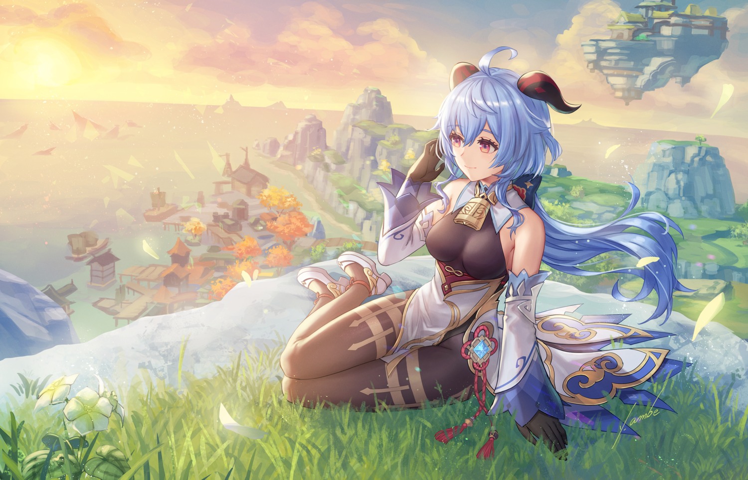 ambe_yoshiro, asian_clothes, ganyu, genshin_impact, horns, leotard, no_bra, pantyhose