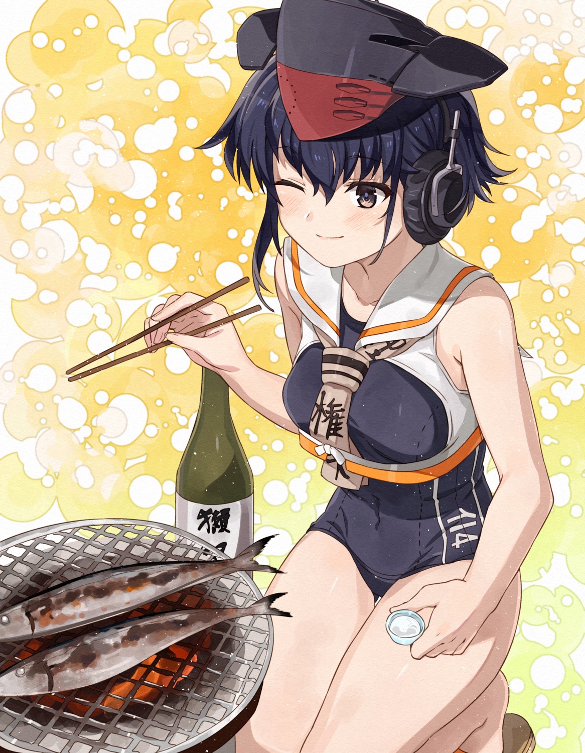 headphones, i-14_(kancolle), kanmiya_shinobu, kantai_collection, school_swimsuit, seifuku, swimsuits
