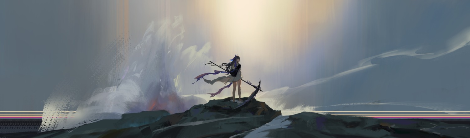 arknights, dress, highmore, horns, landscape, pointy_ears, rocher-hd, weapon