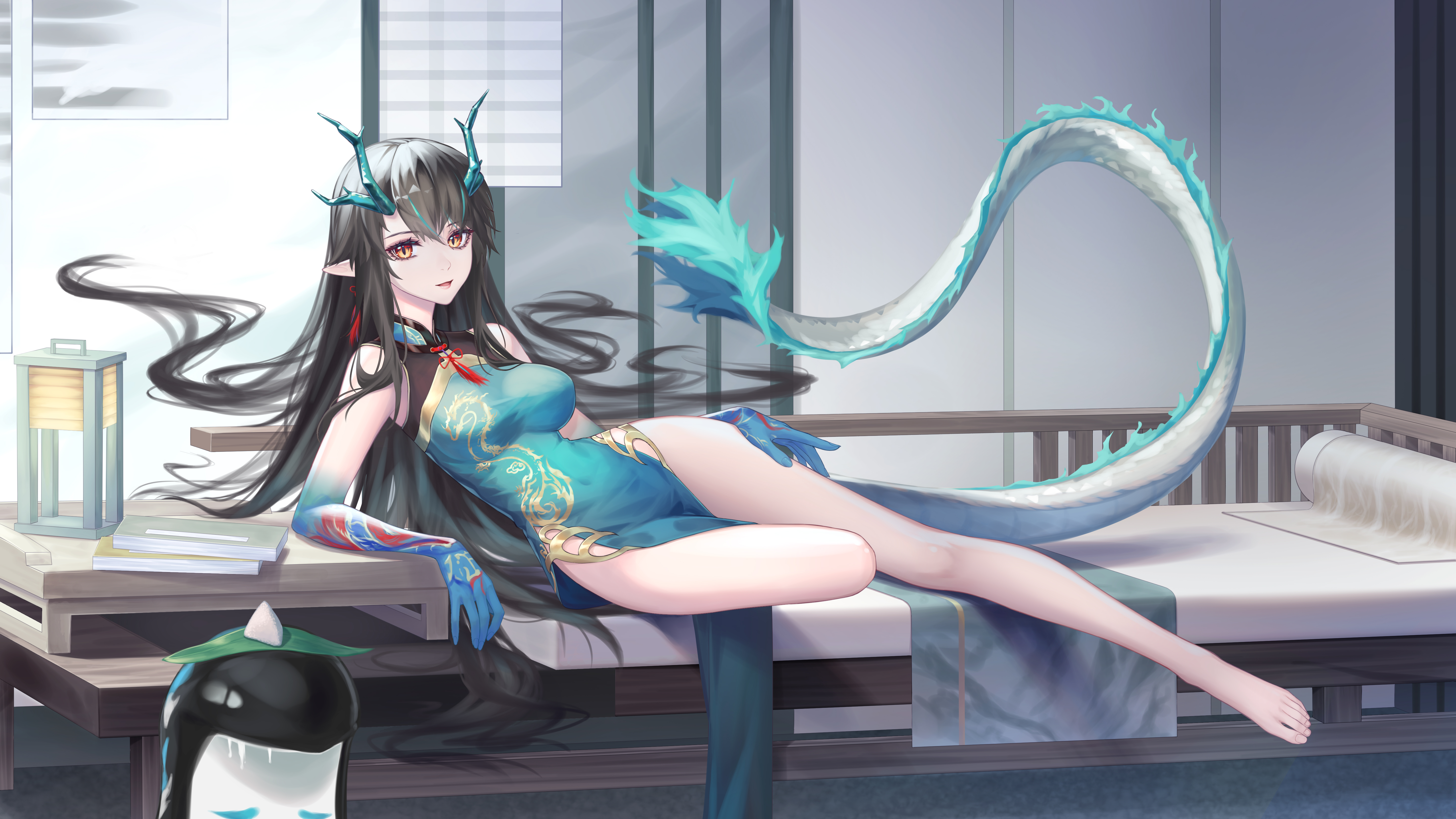 arknights, artist_revision, chinadress, dusk_(arknights), horns, kirby_d_a, pointy_ears, tail