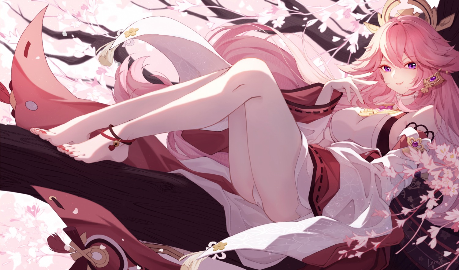 animal_ears, genshin_impact, japanese_clothes, kitsune, lyra-kotto, no_bra, pantsu, skirt_lift, yae_miko