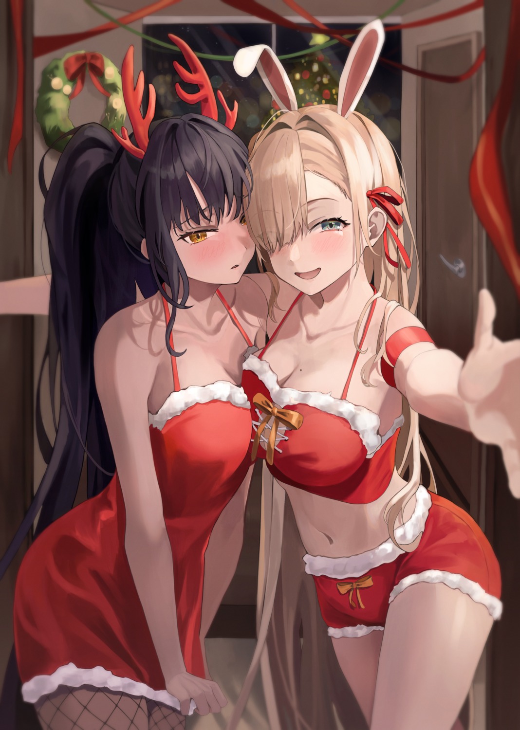 animal_ears, blue_archive, bunny_ears, christmas, cleavage, dress, fakey, fishnets, horns, ichinose_asuna, kakudate_karin, pantyhose