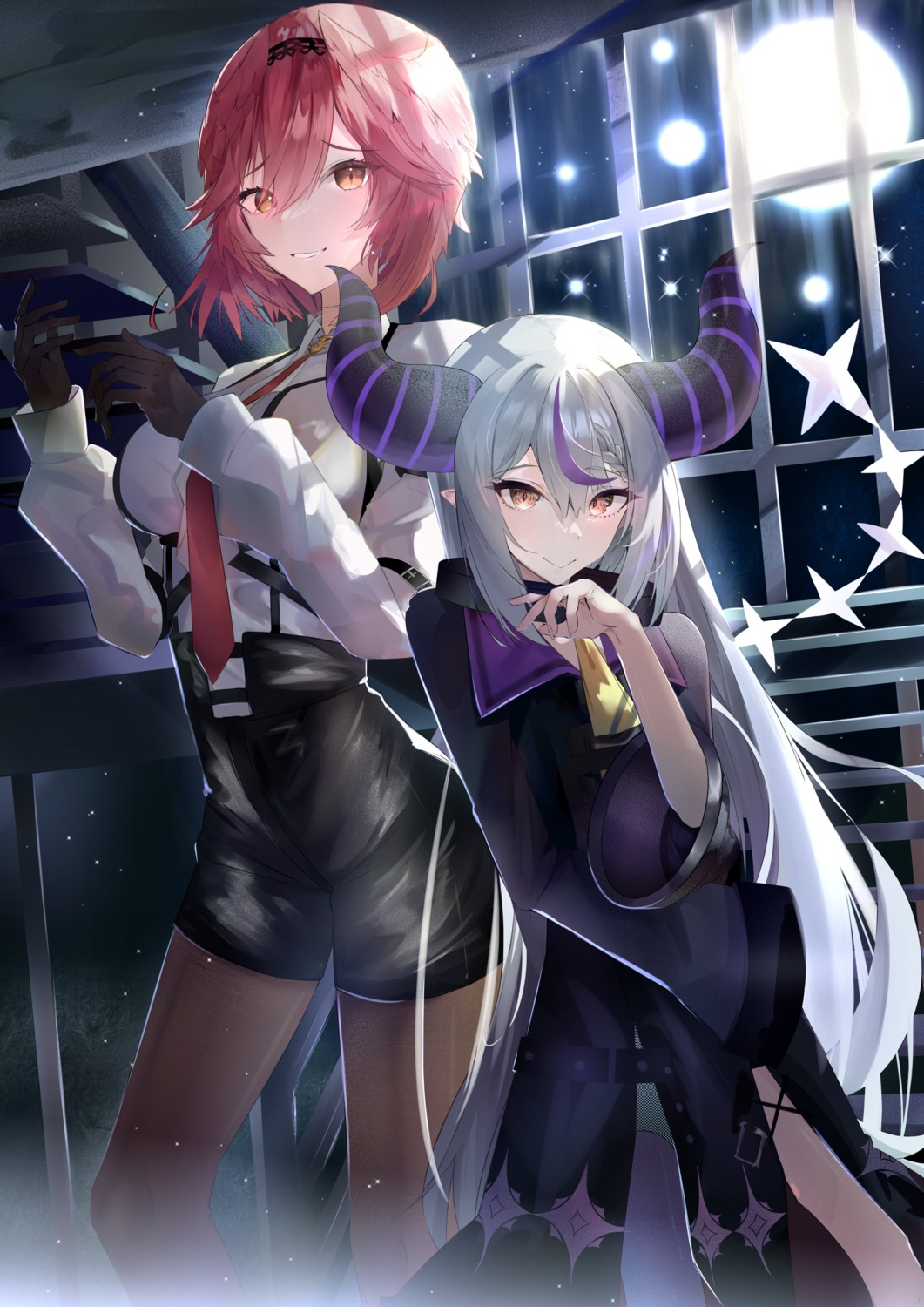 dress, hololive, horns, la+_darknesss, pantyhose, pointy_ears, tail, takane_lui, uniform, watatabeseeds, wings