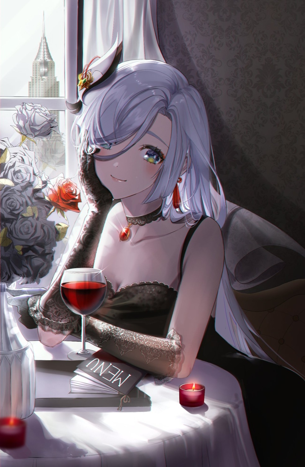 cleavage, dress, genshin_impact, isobe47, no_bra, shenhe