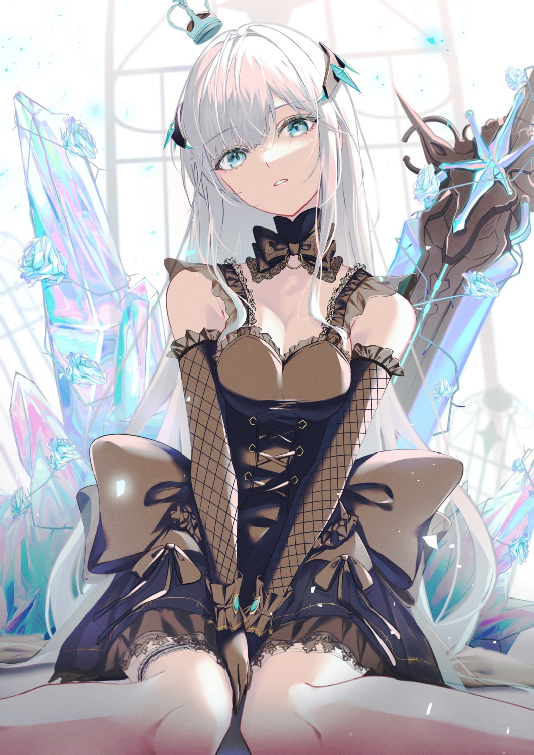 dress, fishnets, garter, meryl_(tower_of_fantasy), mumei_(mumei_7743), no_bra, see_through, sword, tower_of_fantasy