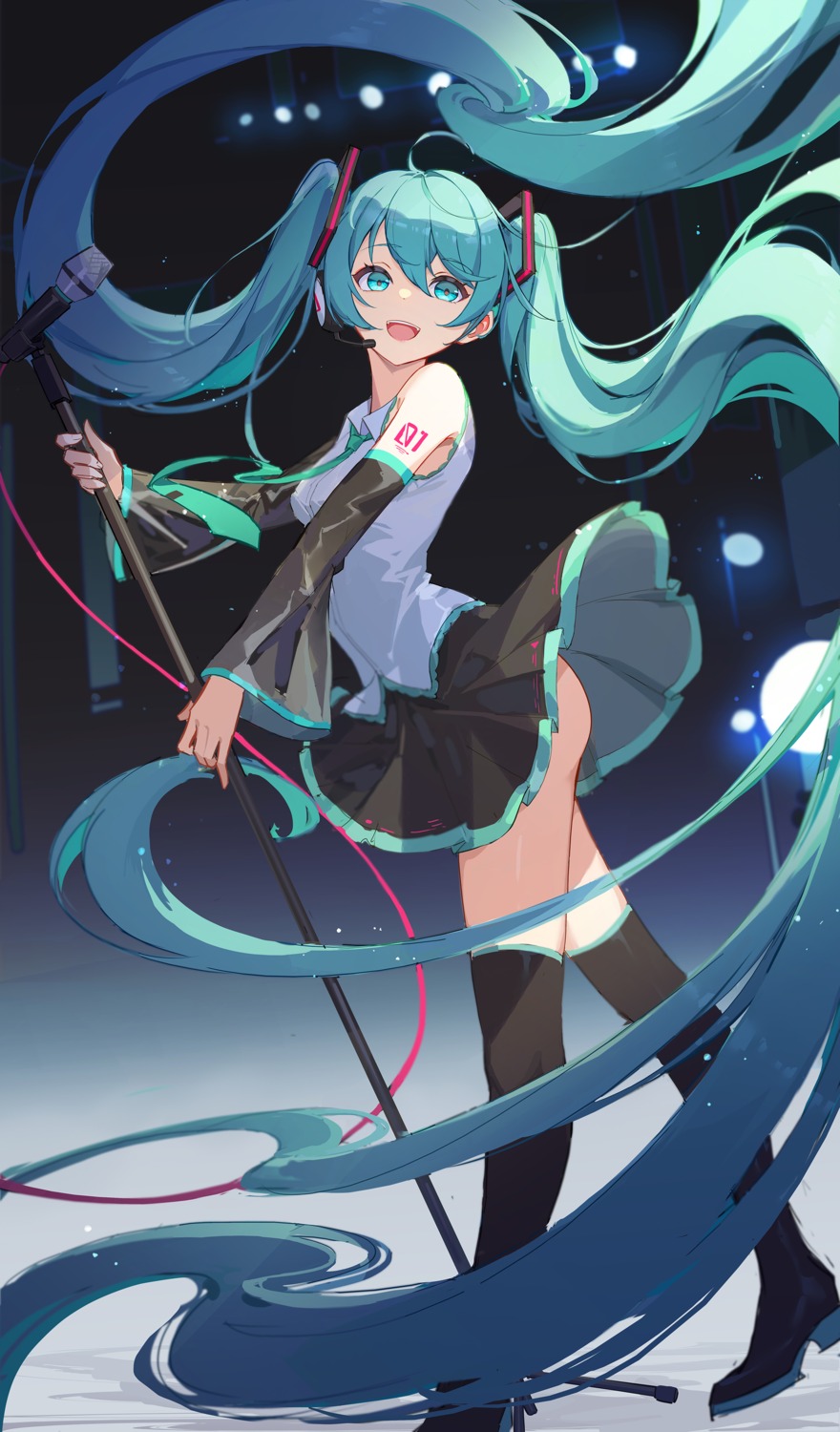 ass, hatsune_miku, headphones, lance_(lancelliu), skirt_lift, tattoo, thighhighs, vocaloid