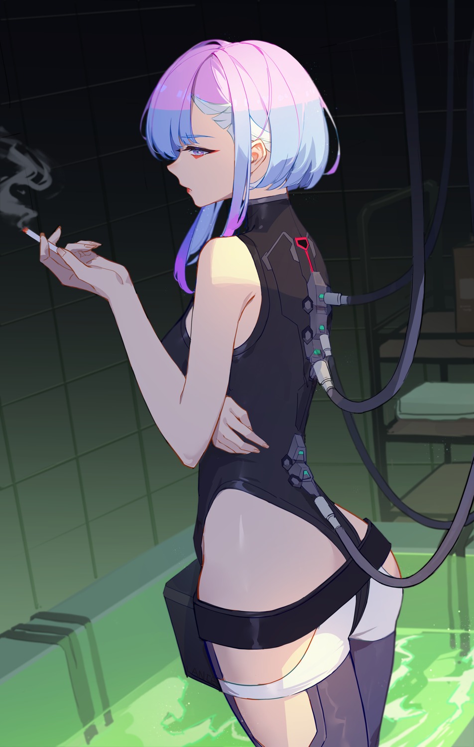 ass, cyberpunk:_edgerunners, cyberpunk_2077, lance_(lancelliu), leotard, lucy_(cyberpunk), mecha_musume, smoking