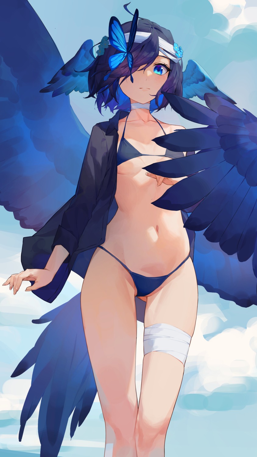 bandages, bikini, open_shirt, ren_huozhe, swimsuits, tail, wings