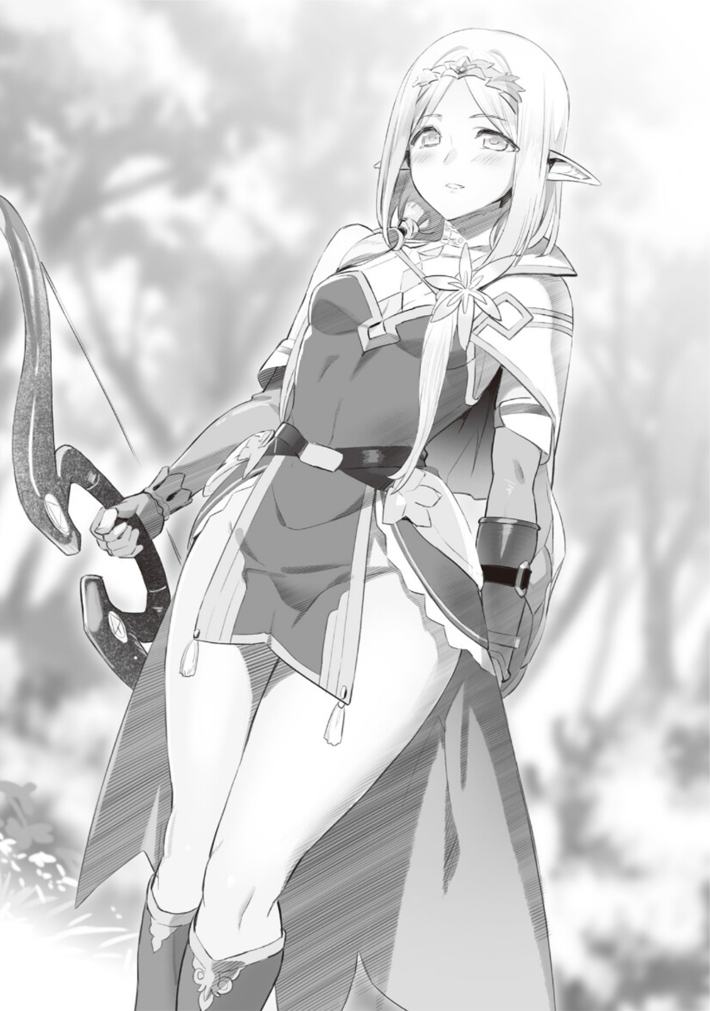 dappou_tamer_no_nariagari_boukentan, elf, monochrome, ookuma_nekosuke, pointy_ears, weapon