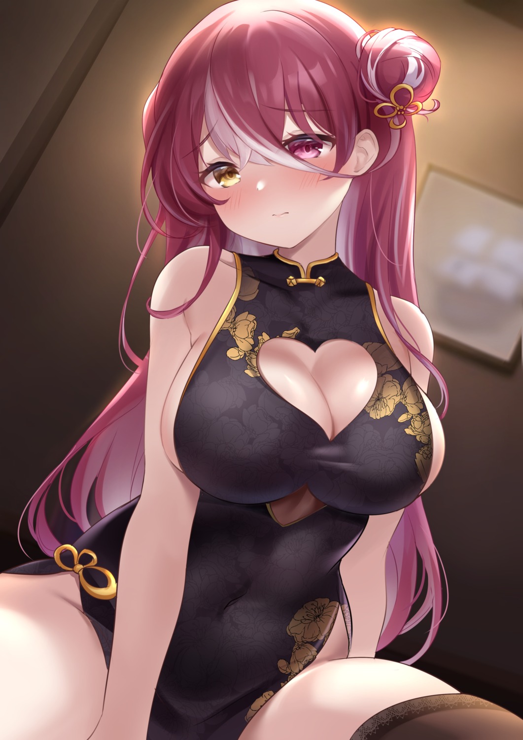 chinadress, heterochromia, hololive, houshou_marine, nikoo, no_bra, thighhighs
