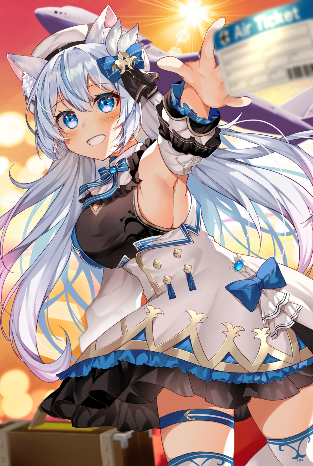 animal_ears, garter, indie_virtual_youtuber, no_bra, skirt_lift, thighhighs, uniform, yam_(yamap_mako)