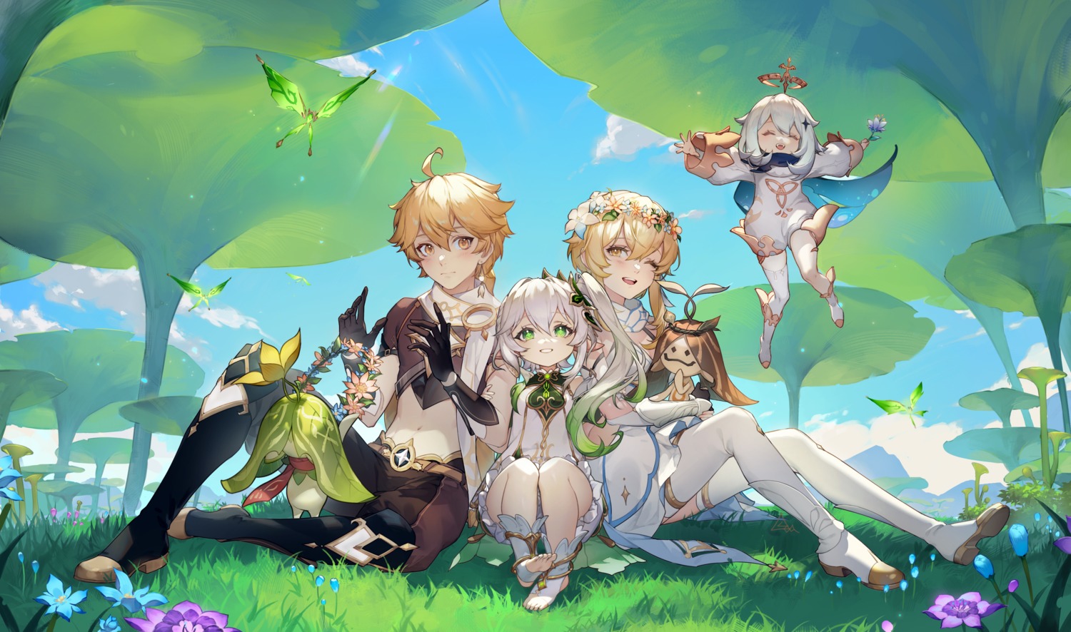 aether, genshin_impact, lumine, nahida, paimon, pointy_ears, sea_(artist), thighhighs